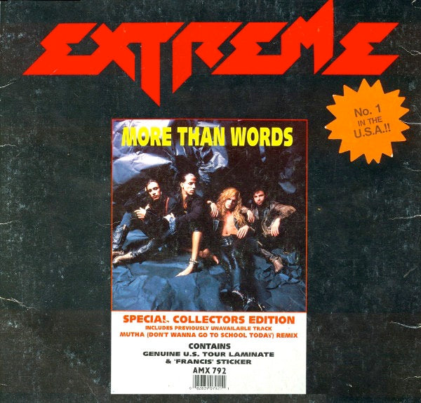 Image of Front Cover of 12" - VG/VG - EXTREME, More Than Words (A&M; AMX 792, UK 1991, Picture Sleeve In Envelope, Tour Laminate, Sticker), Laminate and sleeve are in great condition. Envelope cover has ring and edgewear. Record has light hairlines. Sticker is intact except for a little bit at the top of Francis's hair.,  - 4326041E