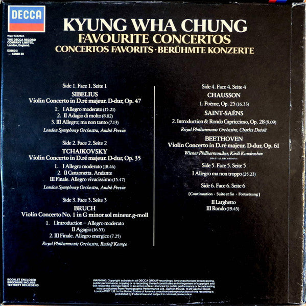 Image of Back Cover of 3xLP - VG/VG+ - KYUNG WHA CHUNG, LUDWIG VAN BEETHOVEN, PYOTR ILYICH TCHAIKOVSKY, MAX BRUCH, ERNEST CHAUSSON, CAMILLE SAINT-SA NS, Kyung Wha Chung: Favourite Concertos (Decca; D266D 3, UK 1982, Box Set, Insert), Edge Wear,  - 0726109E