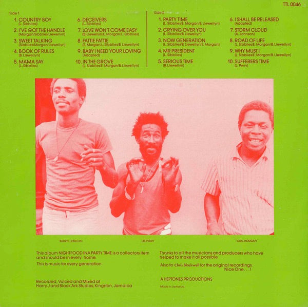 Image of Back Cover of LP - VG+/G+ - THE HEPTONES, Nightfood Inna Party Time (Trench Town; TTLP 0046, Jamaica ), ,  - 3316375C