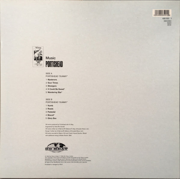 Image of Back Cover of 3524378E: LP - PORTISHEAD, Dummy (Go! Beat ; 828 522-1, Europe 1994, Inner) Sleeve and Inner Wavy Due to Damp Damage  VG/VG