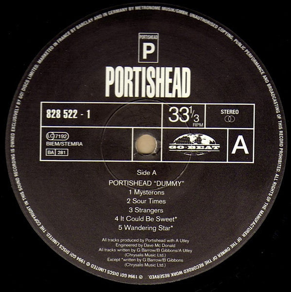 Image of Label of 3524378E: LP - PORTISHEAD, Dummy (Go! Beat ; 828 522-1, Europe 1994, Inner) Sleeve and Inner Wavy Due to Damp Damage  VG/VG