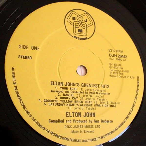 Image of Label Cover of LP - VG/VG+ - ELTON JOHN, Greatest Hits (DJM Yellow Label; DJH 20442, UK 1980 Reissue, Die Cut Inner), ,  - 3716096C