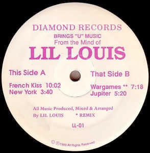 Image of Front Cover of 12" EP - /VG+ - LIL LOUIS, French Kiss (Diamond Records; LL-01, US 1989, Plain Sleeve), Still In Opened Shrinkwrap, One of the most influential cuts in House music by the don Lil Louis, "French Kiss" is pure ammo. This is the first release of "French Kiss", which includes the straight fire acid cut "Jupiter". - 2846044S