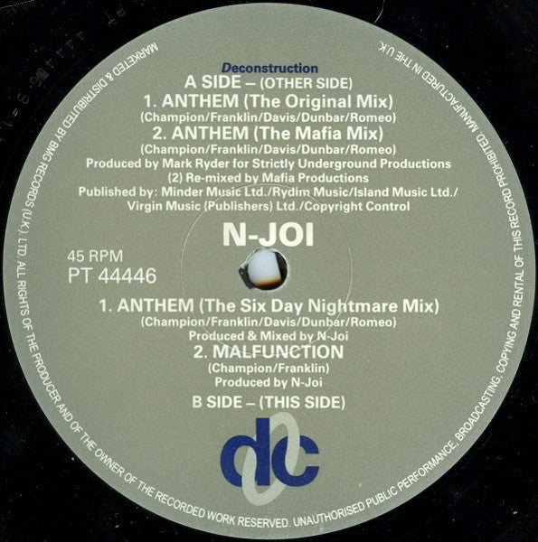 Image of Label Cover of 5114324C: 12" - N-JOI, Anthem (Deconstruction; PT 44446, UK 1991, Picture Sleeve) Record has very slight warp. Sleeve worn, scuffed (at top edge), stained, with sticker ghost  VG/G