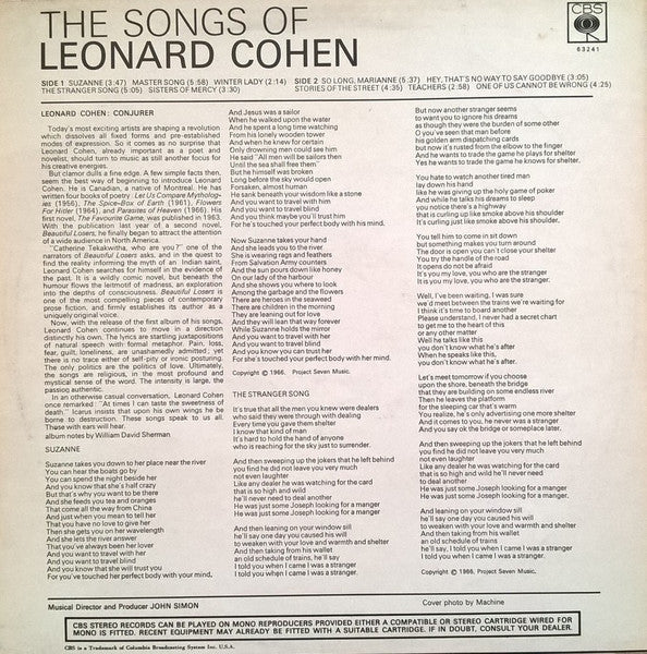 Image of Back Cover of LP - G+/G - LEONARD COHEN, The Songs Of Leonard Cohen (CBS Orange (33 1/3 On Label); SBPG 63241, UK 1973 Reissue, Non Laminated Sleeve, Tro-Essex Music Ltd On Label), ,  - 2826372E