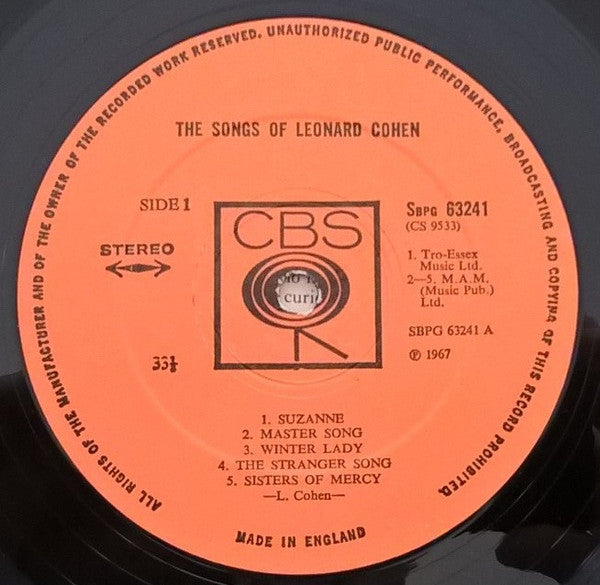 Image of Label Cover of LP - G+/G - LEONARD COHEN, The Songs Of Leonard Cohen (CBS Orange (33 1/3 On Label); SBPG 63241, UK 1973 Reissue, Non Laminated Sleeve, Tro-Essex Music Ltd On Label), ,  - 2826372E