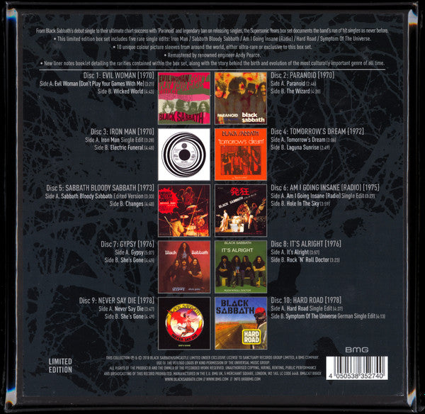 Image of Back Cover of 3444067S: 10x7" - BLACK SABBATH, Supersonic Years: The Seventies Singles Box Set (BMG; BMGCAT188BOX , Europe 2018, Box Set) SEALED  EX/EX