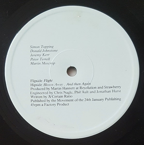 Image of Label Cover of 12" - VG/G+ - A CERTAIN RATIO, Flight (Factory; Fac 22, UK 1980, Inner, Tranco Pressing, Opaque Vinyl), Hairlines,  - 1216216C