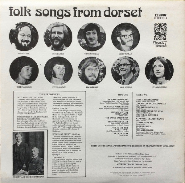 Image of Back Cover of LP - VG/VG+ - VARIOUS, Folk Songs From Dorset (Forest Tracks; FT3007, UK 1975, Insert), ,  - 3316556C