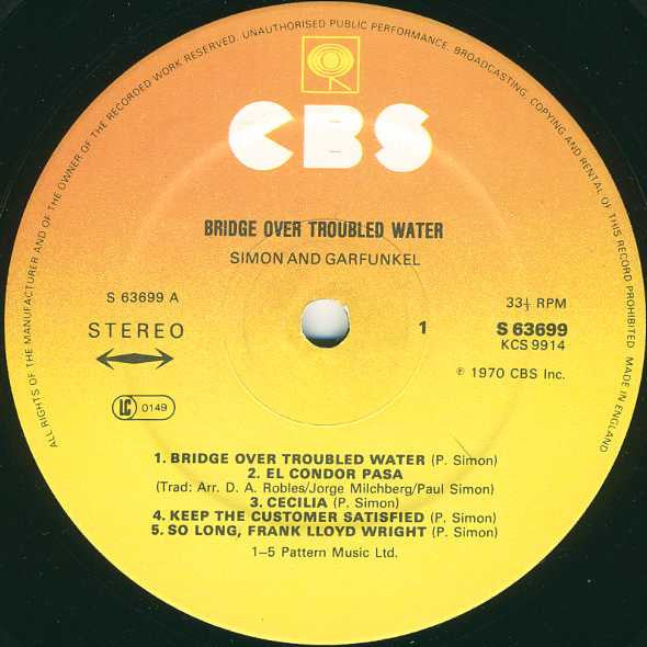 Image of Label Cover of LP - VG+/EX - SIMON AND GARFUNKEL, Bridge Over Troubled Water (CBS Orange/Yellow; 63699, UK Reissue), ,  - 3926209E