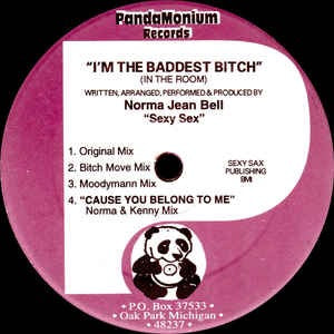 Image of Front Cover of 12" - /VG - NORMA JEAN BELL, I'm The Baddest Bitch (In The Room)/ Cause You BelongTo Me (Pandamonium; PR 01, US 1996), Hairlines and storage marks + light fogging on disc., A1		I'm The Baddest Bitch (In The Room) (Original Mix)A2		I'm The Baddest Bitch (In The Room) (Bitch Move Mix)B1		I'm The Baddest Bitch (In The Room) (Moodymann Mix)B2		Cause You Belong To Me (Norma & Kenny Mix) - 0716521C