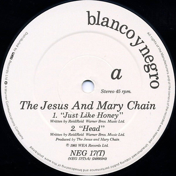 Image of Label Cover of 12" - VG/VG - THE JESUS AND MARY CHAIN, Just Like Honey (Blanco Y Negro; NEG 17(T), UK 1985, Picture Sleeve), ,  - 4116066C