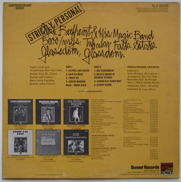 Image of Back Cover of LP - VG/VG - CAPTAIN BEEFHEART AND HIS MAGIC BAND, Strictly Personal (Sunset; SLS50208, UK 1971 Reissue, Textured Sleeve), Edge and Ring Wear, Writing On Label,  - 0746222S