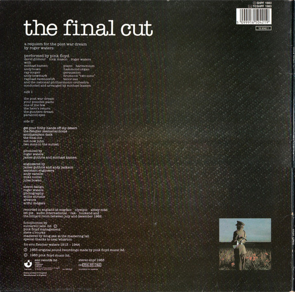 Image of Back Cover of LP - VG/G+ - PINK FLOYD, The Final Cut (Harvest; SHPF1983, UK 1983 Reissue, Gatefold Sleeve, Stickered Sleeve, Barcode), Hairlines & light scratches, edge wear, NO hype sticker,  - 3646122S