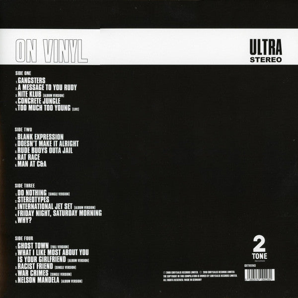 Image of Back Cover of 2xLP - NEW/NEW - THE SPECIALS, The Best Of The Specials (Two-Tone ; CRTTVX1143, Europe 2019, Picture Sleeve, 2 Inners), , The Best of The Specials covers music that the band recorded between 1979 and 1984. Along with the group's debut single Gangsters, the album also includes both of The Specials' UK number ones: Too Much Too Young (1980) and an extended version of Ghost Town (1981). Also featured are several songs that cracked the UK Top 10, including A Message To You, Rudy, Rat Race