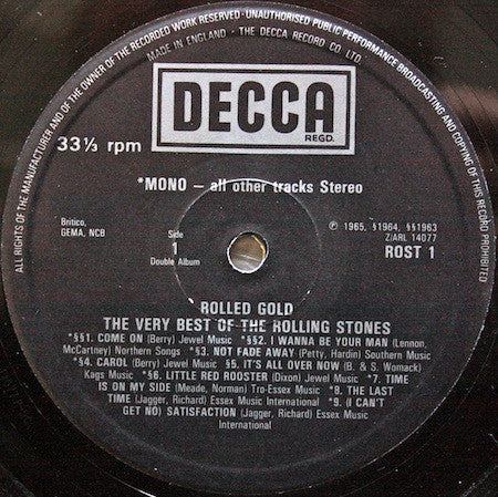 Image of Label Cover of 2xLP - VG/VG+ - THE ROLLING STONES, Rolled Gold (Decca Black and Silver Boxed logo; ROST 1/2, UK Reissue, Gatefold), ,  - 2026060E