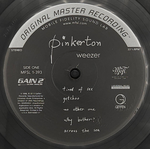 Image of Label Cover of LP - VG+/VG+ - WEEZER, Pinkerton (Mobile Fidelty Sound Lab; MFSL 1-393, US 2013 Reissue, Gatefold, Company Inner, Company Insert, Limited Edition, Numbered, Remastered, Special Edition, 180 Gram), Nice clean copy. Number 010726.,  - 3846112S