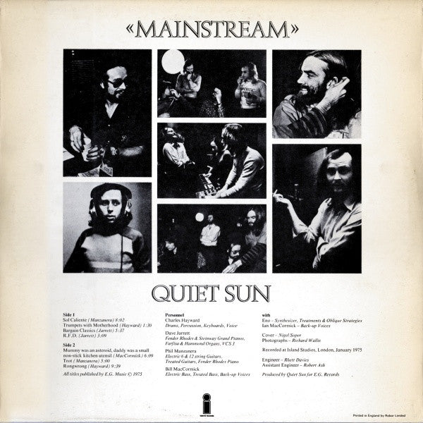 Image of Back Cover of 0125219E: LP - QUIET SUN (MANZANERA & ENO OF ROXY MUSIC AND CHARLES HAYWARD), Mainstream (Island; HELP 19, UK 1975, Inner, A1/B1) Strong VG  VG/VG