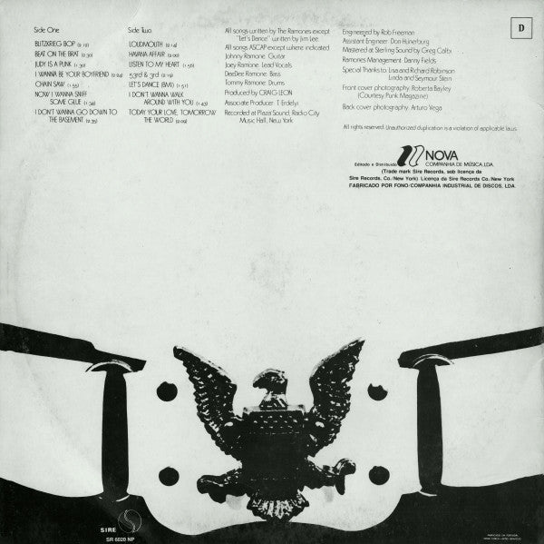 Image of Back Cover of LP - VG/VG+ - RAMONES, Ramones (Sire; SR 6020 NP, Portugal 1980 Reissue), Light wear and sticker residue on cover.,  - 3346252S