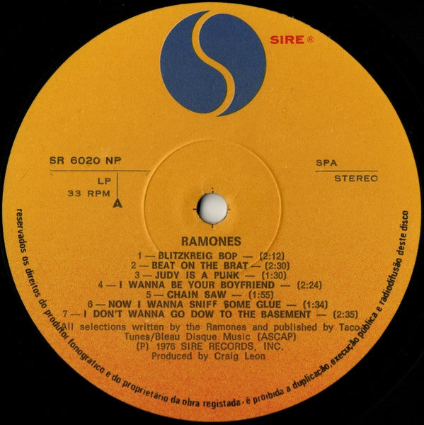 Image of Label Cover of LP - VG/VG+ - RAMONES, Ramones (Sire; SR 6020 NP, Portugal 1980 Reissue), Light wear and sticker residue on cover.,  - 3346252S