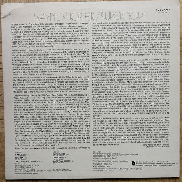 Image of Back Cover of LP - VG/VG - WAYNE SHORTER, Super Nova (Blue Note (Dark Blue w/ black 'b'); BNS40028, UK 1977 Reissue), ,  - 3126199E