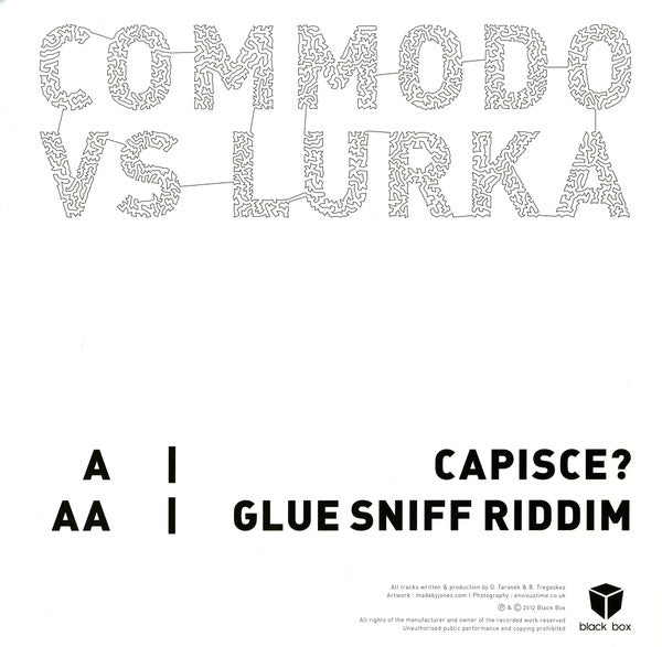 Image of Back Cover of 12" - VG/G+ - COMMODO VS LURKA, Capisce / Glue Sniff Riddim (Black Box; BLACKBOX030, UK 2012), Cover close to VG+, vinyl has several light marks plays VG.,  - 2346339S