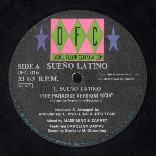 Image of Front Cover of 12" - /VG - SUENO LATINO FEAT. CAROLINA DAMAS, Sueno Latino (Paradise Version / Dub Version / A Capella) (Creative Label; DFC 016, Italy 1989, Plain Sleeve), ,  - 2246077S