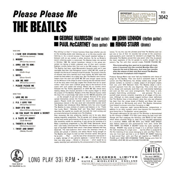 Image of Back Cover of 2514380C: LP - THE BEATLES, Please Please Me (Parlophone Black/Gold; PCS3042, UK 2012 Reissue, Remastered, Stereo, 180 Gram) Still In Stickered Shrinkwrap  EX/EX