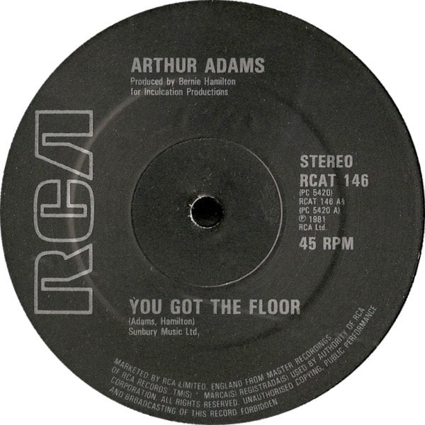 Image of Front Cover of 4214047C: 12" - ARTHUR ADAMS, You Got The Floor / Stay With Me Tonight (RCA; RCAT 146, UK 1981, Company Sleeve) Some creases on sleeve.  VG/VG+