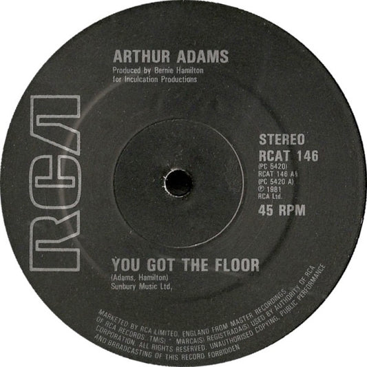 Image of Front Cover of 4214047C: 12" - ARTHUR ADAMS, You Got The Floor / Stay With Me Tonight (RCA; RCAT 146, UK 1981, Company Sleeve) Some creases on sleeve.  VG/VG+