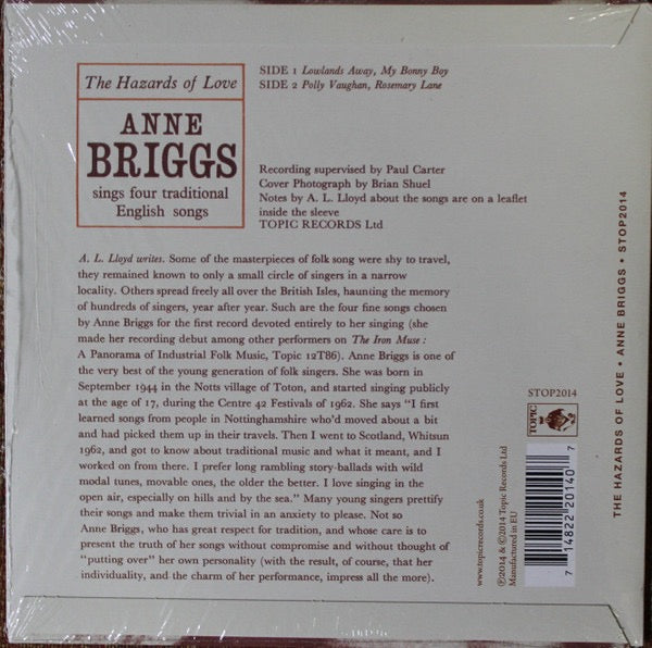 Image of Back Cover of 2014192C: 7" EP - ANNE BRIGGS, The Hazards Of Love (topic; STOP2014, UK 2014 Reissue, Picture Sleeve, Inner & Insert, RSD 2014)   EX/VG+