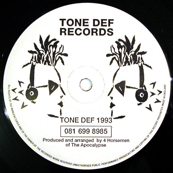 Image of Back Cover of 12" - /VG - 4 HORSEMEN OF THE APOCALYPSE, Drowning In Her / We Are The Future / We Are The Future (reprise) (Tone Def Records; 013 DJ, UK 1993, Plain Sleeve, Mispress), , A		Drowning In Her	5:51			AA1		We Are The Future	5:36AA2		We Are The Future (Reprise)	2:47This version looks like the official release, but due to a mistake has 3 tracks on the actual vinyl. 'We Are The Future (Reprise)' is a drumless version of the synths used in the main mix. - 3226029E