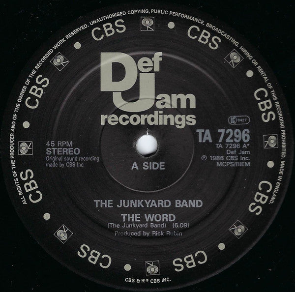 Image of Back Cover of 12" - VG/VG - THE  JUNKYARD BAND, The Word / Sardines (Def Jam Recordings; TA 7296, UK 1986, Stickered Company Sleeve), light marks only. original stickered sleeve,  - 3446031S