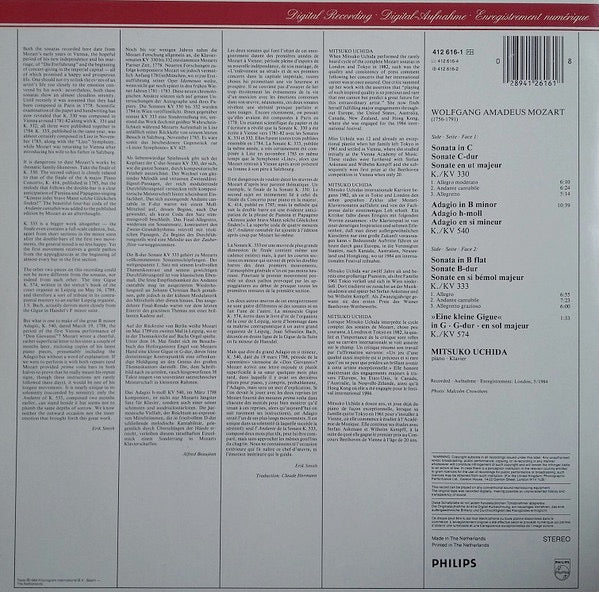 Image of Back Cover of LP - VG/VG - MITSUKO UCHIDA, Mozart: 2 Piano Sonatas: KV 330 & 333   Adagio KV 540   Gigue KV 574 (Philips; 412 616-1Series:Philips Digital Classics  , Europe 1985), ,  - 0726115E