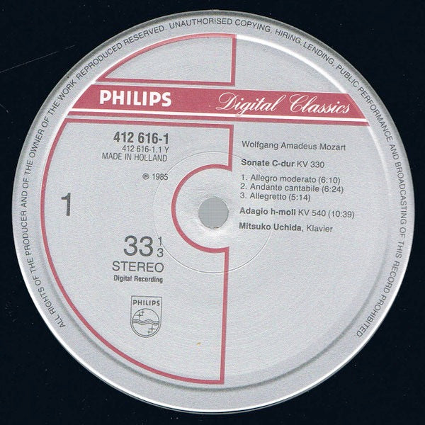 Image of Label Cover of LP - VG/VG - MITSUKO UCHIDA, Mozart: 2 Piano Sonatas: KV 330 & 333   Adagio KV 540   Gigue KV 574 (Philips; 412 616-1Series:Philips Digital Classics  , Europe 1985), ,  - 0726115E