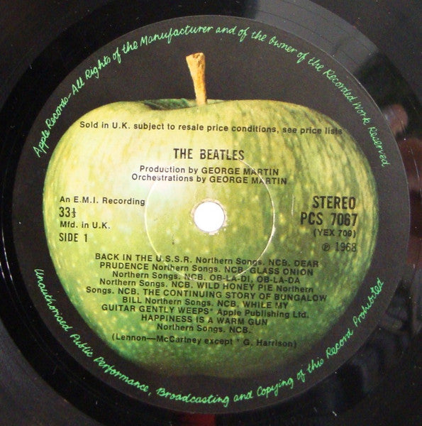 Image of Label Cover of 2xLP - VG+/VG - THE BEATLES, The White Album (Apple; PCS 7067/8, UK 1968, Numbered Gatefold, Top Opening, Stereo On Rear Seeve, Black Inners, Poster / 4 Postcards, Stereo, An EMI Recording on All Labels), No. 0401441. Beautiful Copy With Original Tracing Paper Between Photos. Only One Mark Which Clicks at End of Helter Skelter, Top Opening Garrod & Lofthouse Sleeve+ 4 Prints+ Black Inners+ PosterNumbered An E.M.I. Recording  text to the left of the labelsNOTE: UK Stereo Copies