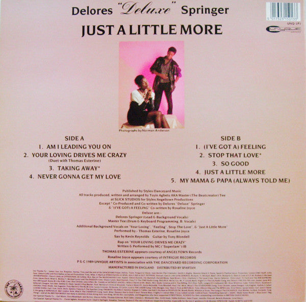 Image of Back Cover of LP - VG/VG - DELUXE, Just A Little More (Unyque Artists; UNQ LP1, UK 1989, Picture Sleeve), Vinyl in strong VG, plays VG+. Sticker on sleeve.,  - 4346327S