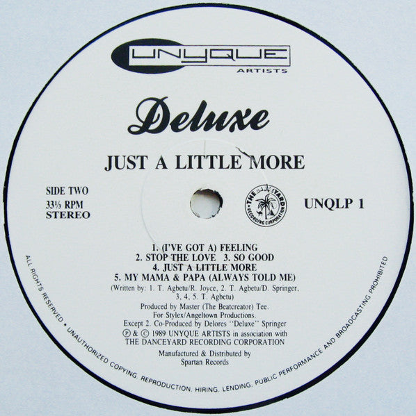 Image of Label Cover of LP - VG/VG - DELUXE, Just A Little More (Unyque Artists; UNQ LP1, UK 1989, Picture Sleeve), Vinyl in strong VG, plays VG+. Sticker on sleeve.,  - 4346327S