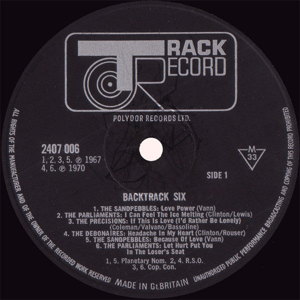 Image of Label Cover of 4644398S: LP - VARIOUS, Backtrack 6 (Track Record; 2407 006, UK 1970, Mono) Light wear and creasing to sleeve, old price sticker in corner.   VG/VG+