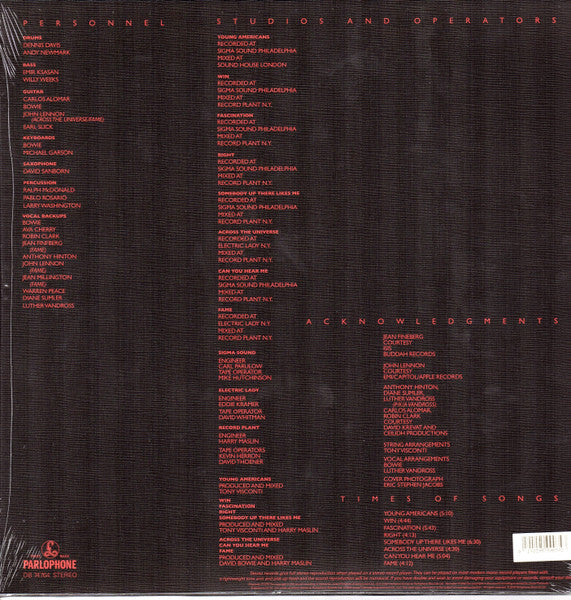 Image of Back Cover of 1814438C: LP - DAVID BOWIE, Young Americans (Parlophone ; DB 74765, Europe 2017 Reissue, Textured Sleeve, Insert, 180 Gram Vinyl)   EX/VG+