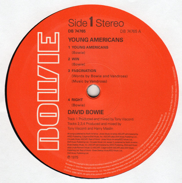 Image of Label Cover of 1814438C: LP - DAVID BOWIE, Young Americans (Parlophone ; DB 74765, Europe 2017 Reissue, Textured Sleeve, Insert, 180 Gram Vinyl)   EX/VG+