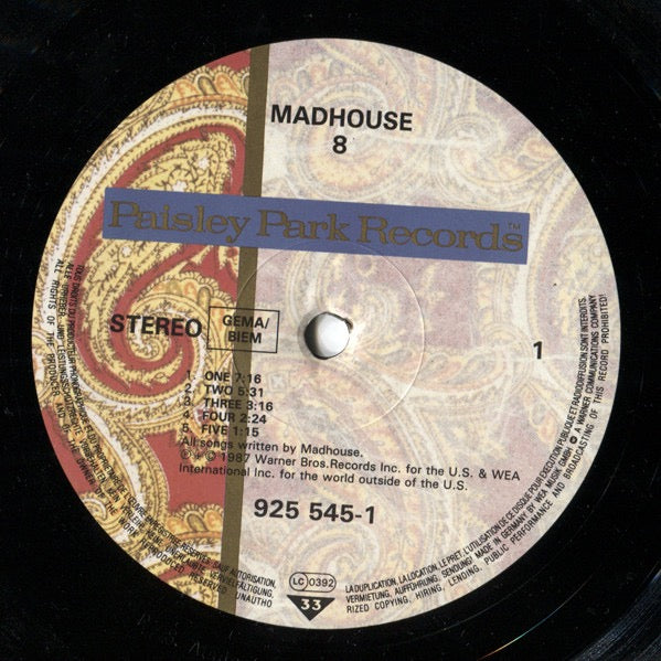 Image of Label Cover of LP - VG/G+ - MADHOUSE, 8 (Paisley Park; 925 545-1, Europe 1987, Glossy Sleeve), Lots of very fine marks to disc. Sleeve has light wear only.,  - 2616020C