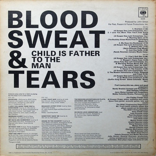Image of Back Cover of LP - VG/VG - BLOOD, SWEAT AND TEARS, Child Is Father To The Man (CBS Orange Label; S 63296, UK 1968, Laminated Front Sleeve, Stereo), A few light marks, Ring wear to sleeve ,  - 3316218C
