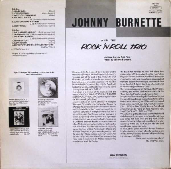 Image of Back Cover of 3925045E: LP - JOHNNY BURNETTE AND THE ROCK 'N ROLL TRIO, Johnny Burnette And The Rock 'N Roll Trio (MCA Coral; CDL 8054, UK 1978 Reissue, Mono)   VG/VG