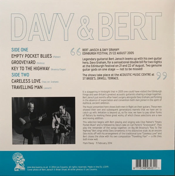 Image of Back Cover of 10" - VG+/VG+ - DAVY GRAHAM, BERT JANSCH, Davy & Bert Live In Edinburgh (Les Cousins; LC019, UK 2014, Picture Sleeve, Limited Edition Record Store Day), ,  - 2316517C