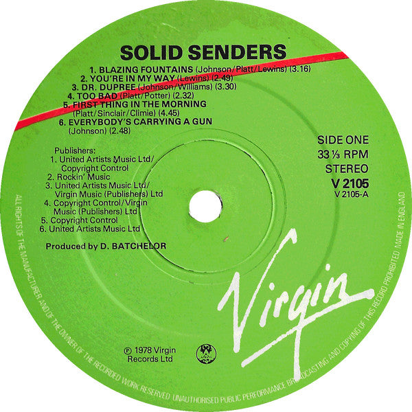 Image of Label Cover of 1244248S: 2xLP - SOLID SENDERS, Solid Senders (Virgin; V 2105, UK 1978, Inner) Stickered Sleeve, Edge Wear  VG/VG