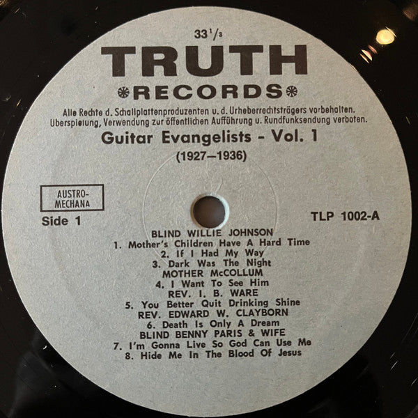 Image of Label Cover of LP - VG/VG+ - VARIOUS, Guitar Evangelists Volume 1 (1927-1936) (Truth Records; TLP-1002, Austria 1971), ,  - 3516200C