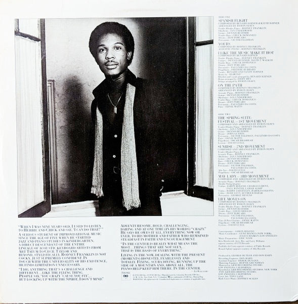 Image of Back Cover of 4914337C: LP - RODNEY FRANKLIN, In The Center (Columbia; JC-35558, Columbia    JC 35558, US 1978) Sleeve worn and creased with split top seam and some damage at spine. Stains and scuffs too  G+/G+