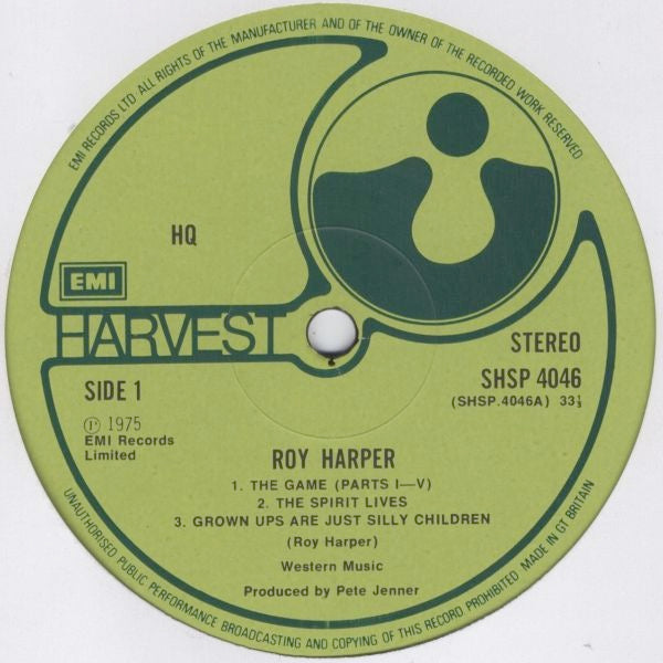 Image of Label Cover of LP - VG/VG+ - ROY HARPER, HQ (Harvest Green, EMI On Rim, EMI Box; SHSP4046, UK 1975, Inner), Edge Wear, creasing on Inner,  - 1246262S