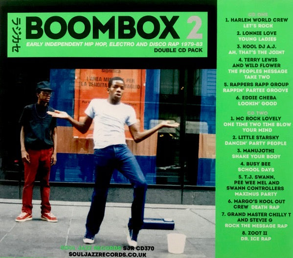 Image of Back Cover of 2xCD - VG+/VG+ - VARIOUS ARTISTS, Boombox 2 (Early Independent Hip Hop, Electro And Disco Rap 1979-83) (Soul Jazz; SJR CD370, UK 2017, Card Slipcase with Duoble CD Case inside, Booklet), Still In Opened Shrinkwrap With Hype Sticker,  - 2216499C